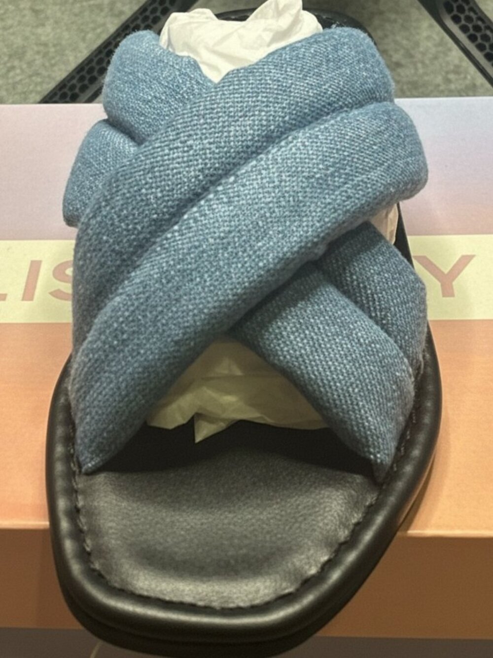 Lisa Vicky Denim Slide Sandals Blue Chambray Quilted Flat Slip On Womens Size 8
